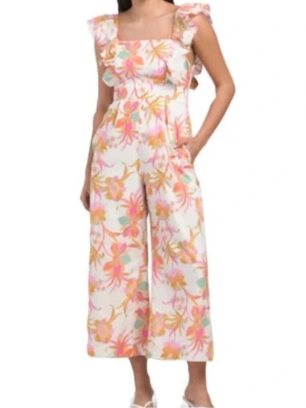 Taylor Wide Leg Floral Jumpsuit 100% Cotton Ruffle Pink Orange Size Small